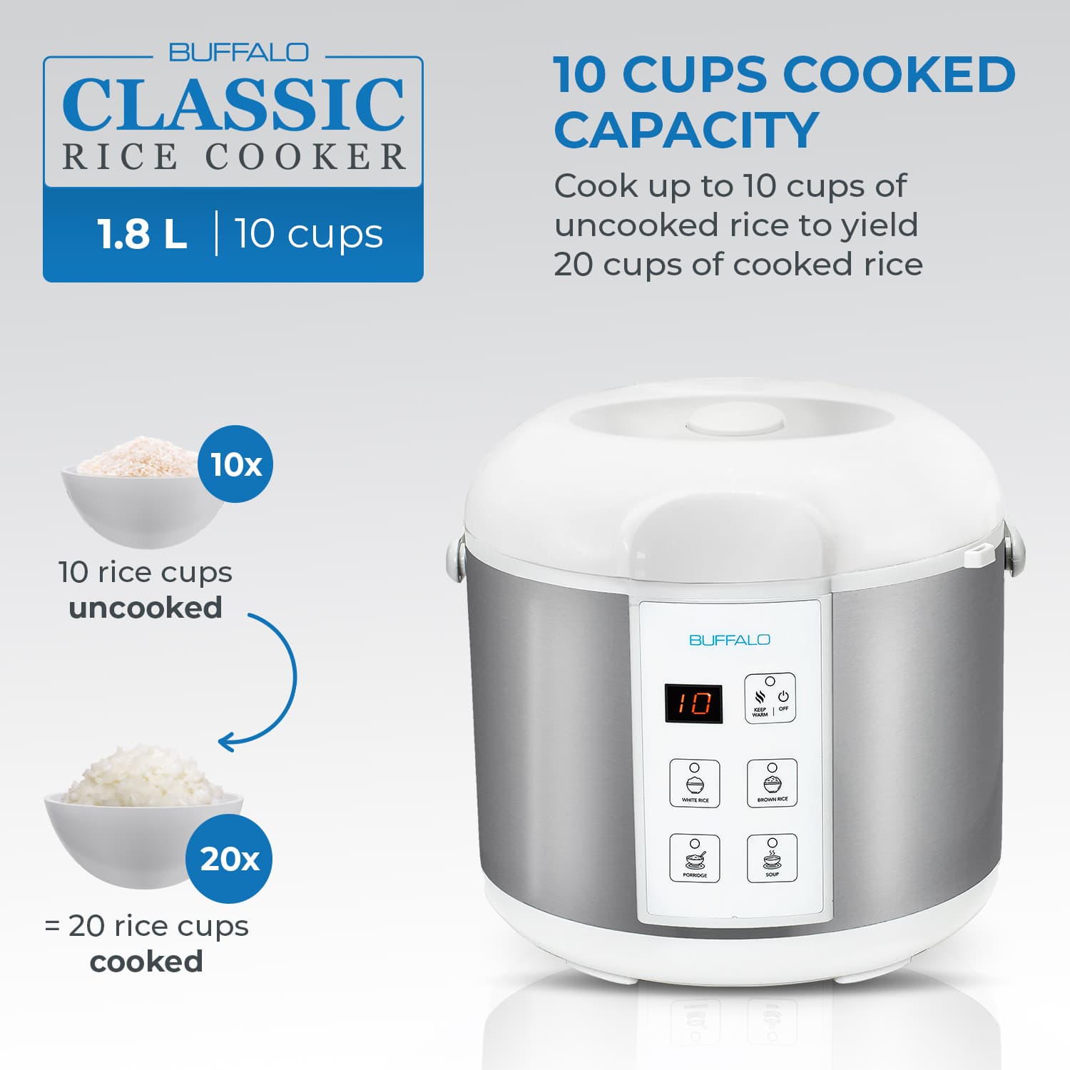 10 Cups (Uncooked) Rice Cooker with Steamer- White